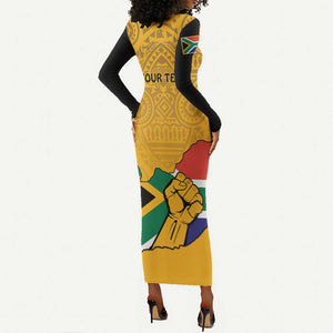 Personalised South Africa Long Sleeve Bodycon Dress African Pattern Happy Freedom Day Yellow Version