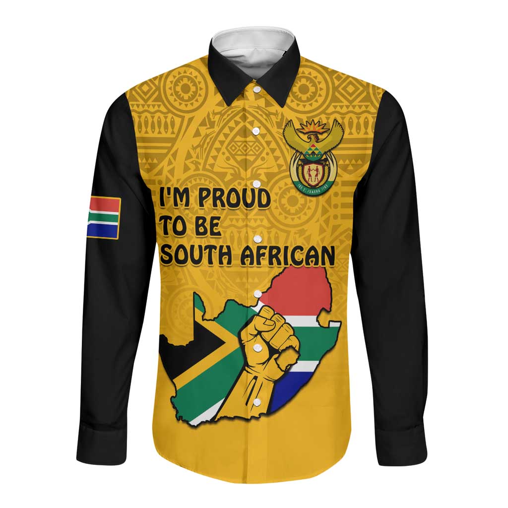 Personalised South Africa Long Sleeve Button Shirt African Pattern Happy Freedom Day Yellow Version