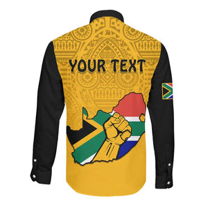 Personalised South Africa Long Sleeve Button Shirt African Pattern Happy Freedom Day Yellow Version