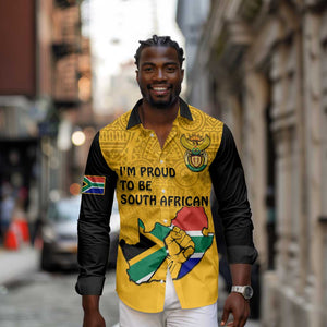 Personalised South Africa Long Sleeve Button Shirt African Pattern Happy Freedom Day Yellow Version