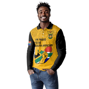 Personalised South Africa Long Sleeve Polo Shirt African Pattern Happy Freedom Day Yellow Version