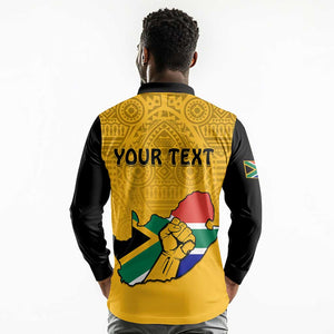 Personalised South Africa Long Sleeve Polo Shirt African Pattern Happy Freedom Day Yellow Version