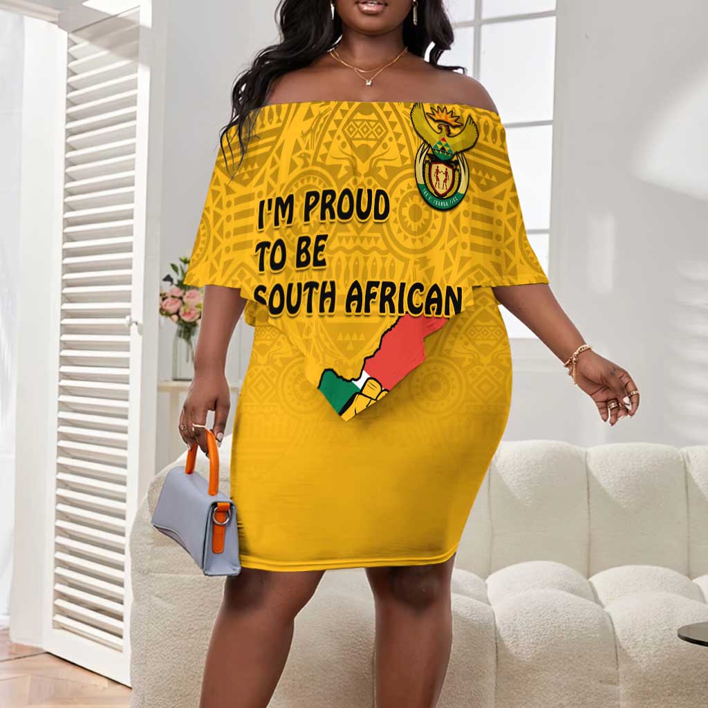 Personalised South Africa Off Shoulder Short Dress African Pattern Happy Freedom Day Yellow Version