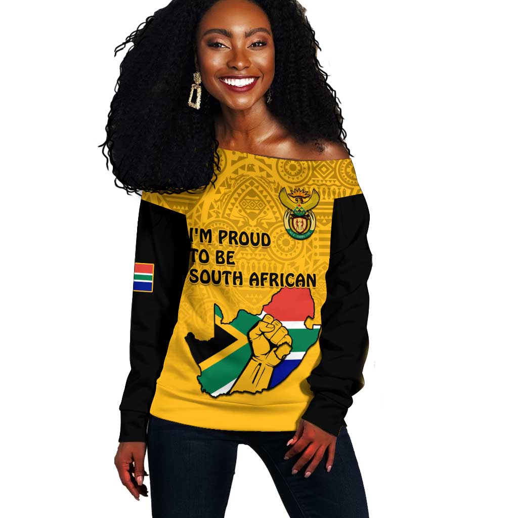 Personalised South Africa Off Shoulder Sweater African Pattern Happy Freedom Day Yellow Version