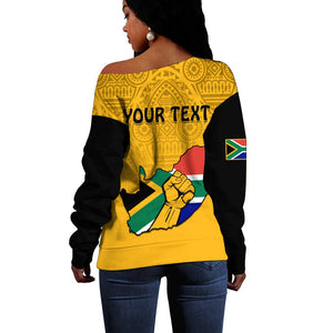 Personalised South Africa Off Shoulder Sweater African Pattern Happy Freedom Day Yellow Version