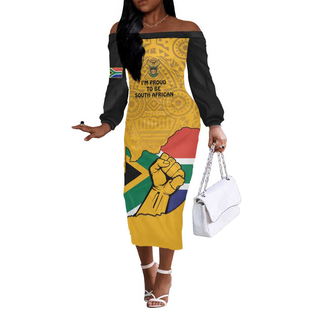 Personalised South Africa Off The Shoulder Long Sleeve Dress African Pattern Happy Freedom Day Yellow Version