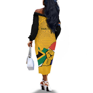 Personalised South Africa Off The Shoulder Long Sleeve Dress African Pattern Happy Freedom Day Yellow Version