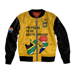 Personalised South Africa Sleeve Zip Bomber Jacket African Pattern Happy Freedom Day Yellow Version