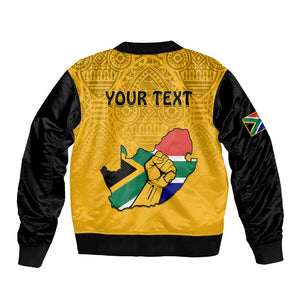 Personalised South Africa Sleeve Zip Bomber Jacket African Pattern Happy Freedom Day Yellow Version