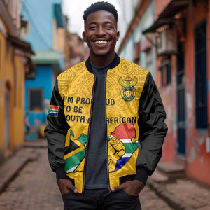 Personalised South Africa Sleeve Zip Bomber Jacket African Pattern Happy Freedom Day Yellow Version