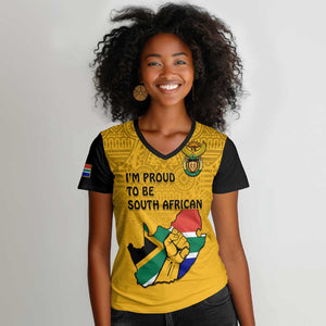 Personalised South Africa Women V-Neck T-Shirt African Pattern Happy Freedom Day Yellow Version