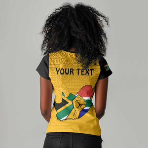 Personalised South Africa Women V-Neck T-Shirt African Pattern Happy Freedom Day Yellow Version