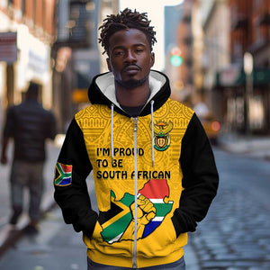 Personalised South Africa Zip Hoodie African Pattern Happy Freedom Day Yellow Version