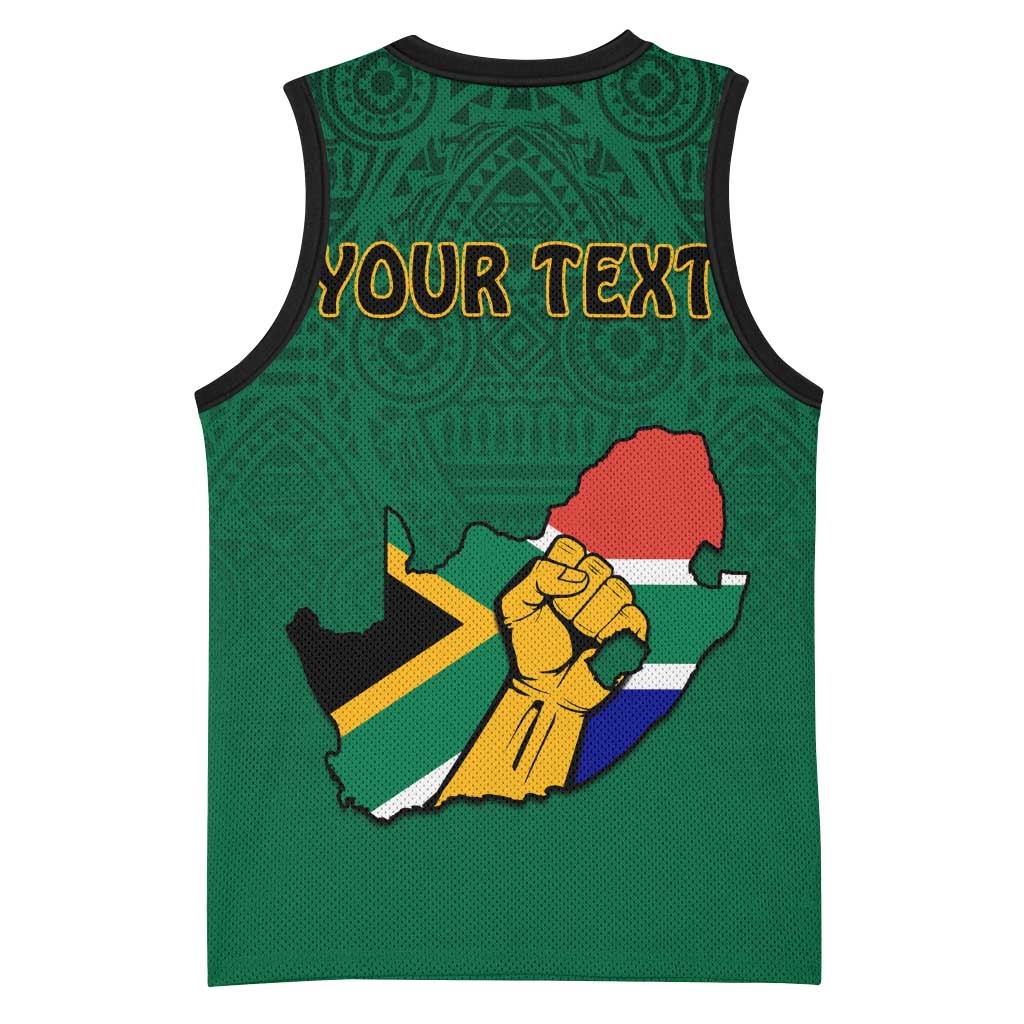 Personalised South Africa Basketball Jersey African Pattern Happy Freedom Day Green Version LT14