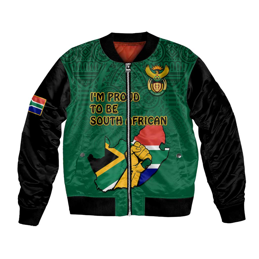 Personalised South Africa Bomber Jacket African Pattern Happy Freedom Day Green Version