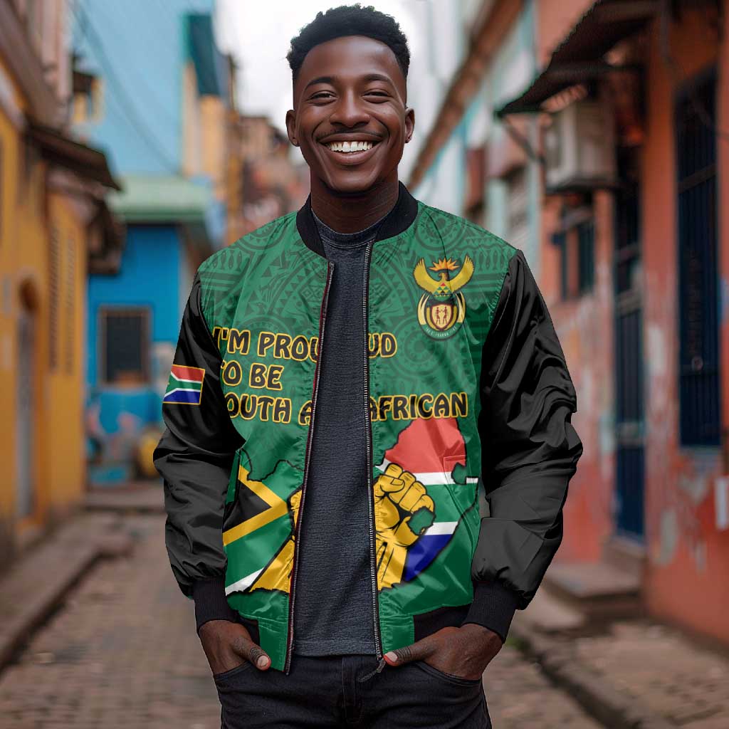 Personalised South Africa Bomber Jacket African Pattern Happy Freedom Day Green Version