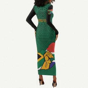 Personalised South Africa Long Sleeve Bodycon Dress African Pattern Happy Freedom Day Green Version