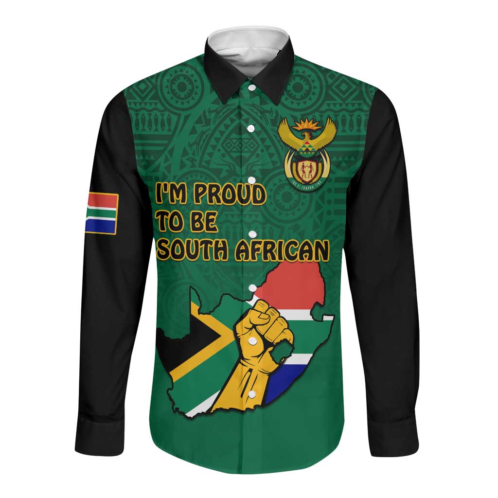 Personalised South Africa Long Sleeve Button Shirt African Pattern Happy Freedom Day Green Version