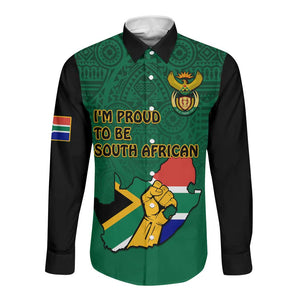 Personalised South Africa Long Sleeve Button Shirt African Pattern Happy Freedom Day Green Version