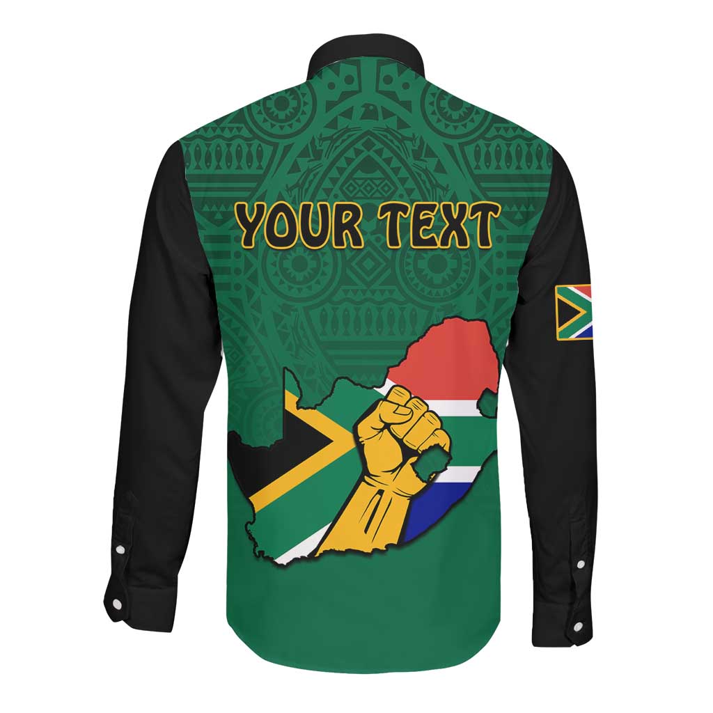 Personalised South Africa Long Sleeve Button Shirt African Pattern Happy Freedom Day Green Version