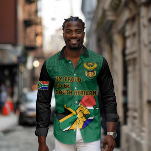 Personalised South Africa Long Sleeve Button Shirt African Pattern Happy Freedom Day Green Version