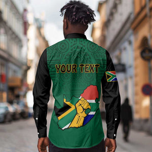 Personalised South Africa Long Sleeve Button Shirt African Pattern Happy Freedom Day Green Version