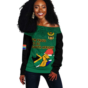 Personalised South Africa Off Shoulder Sweater African Pattern Happy Freedom Day Green Version