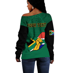 Personalised South Africa Off Shoulder Sweater African Pattern Happy Freedom Day Green Version