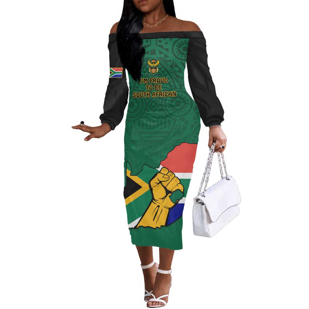 Personalised South Africa Off The Shoulder Long Sleeve Dress African Pattern Happy Freedom Day Green Version