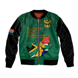 Personalised South Africa Sleeve Zip Bomber Jacket African Pattern Happy Freedom Day Green Version