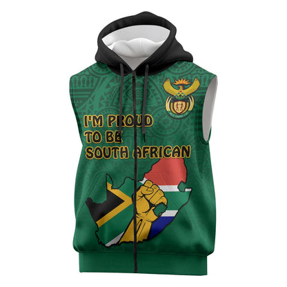 Personalised South Africa Sleeveless Zip Hoodie African Pattern Happy Freedom Day Green Version - African Pride