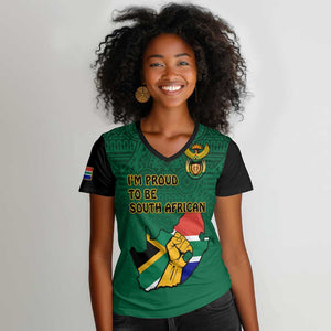 Personalised South Africa Women V-Neck T-Shirt African Pattern Happy Freedom Day Green Version