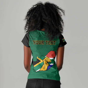 Personalised South Africa Women V-Neck T-Shirt African Pattern Happy Freedom Day Green Version