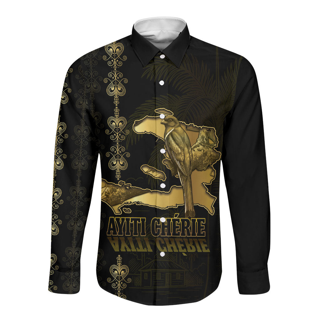 Afro-Haitians Ayiti Cherie Long Sleeve Button Shirt Haiti Map Kanson Wouj Veve Vodou