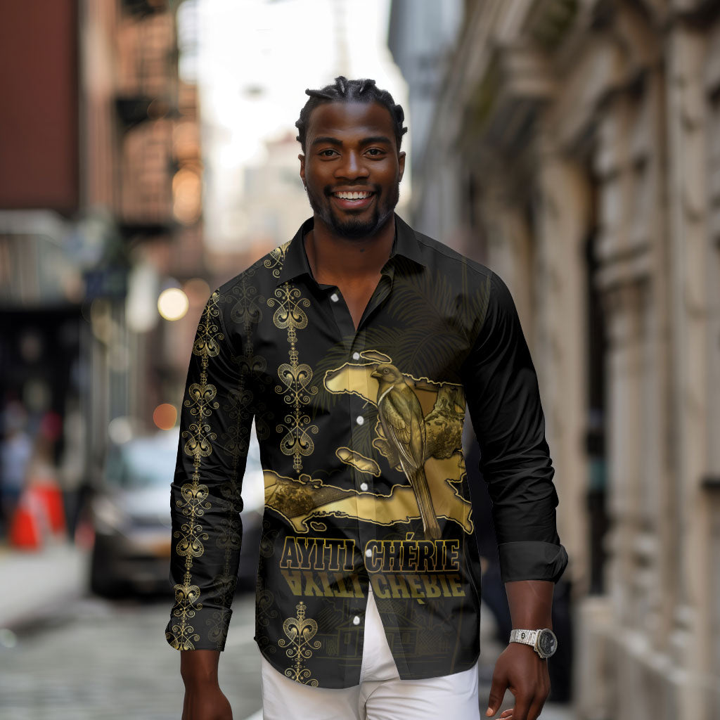 Afro-Haitians Ayiti Cherie Long Sleeve Button Shirt Haiti Map Kanson Wouj Veve Vodou