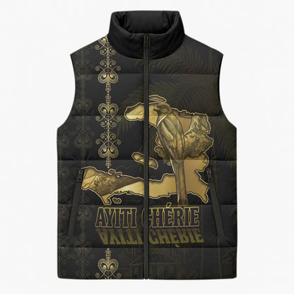 Afro-Haitians Ayiti Cherie Sleeveless Puffer Jacket Haiti Map Kanson Wouj Veve Vodou
