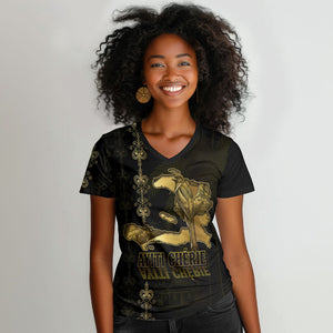 Afro-Haitians Ayiti Cherie Women V-Neck T-Shirt Haiti Map Kanson Wouj Veve Vodou