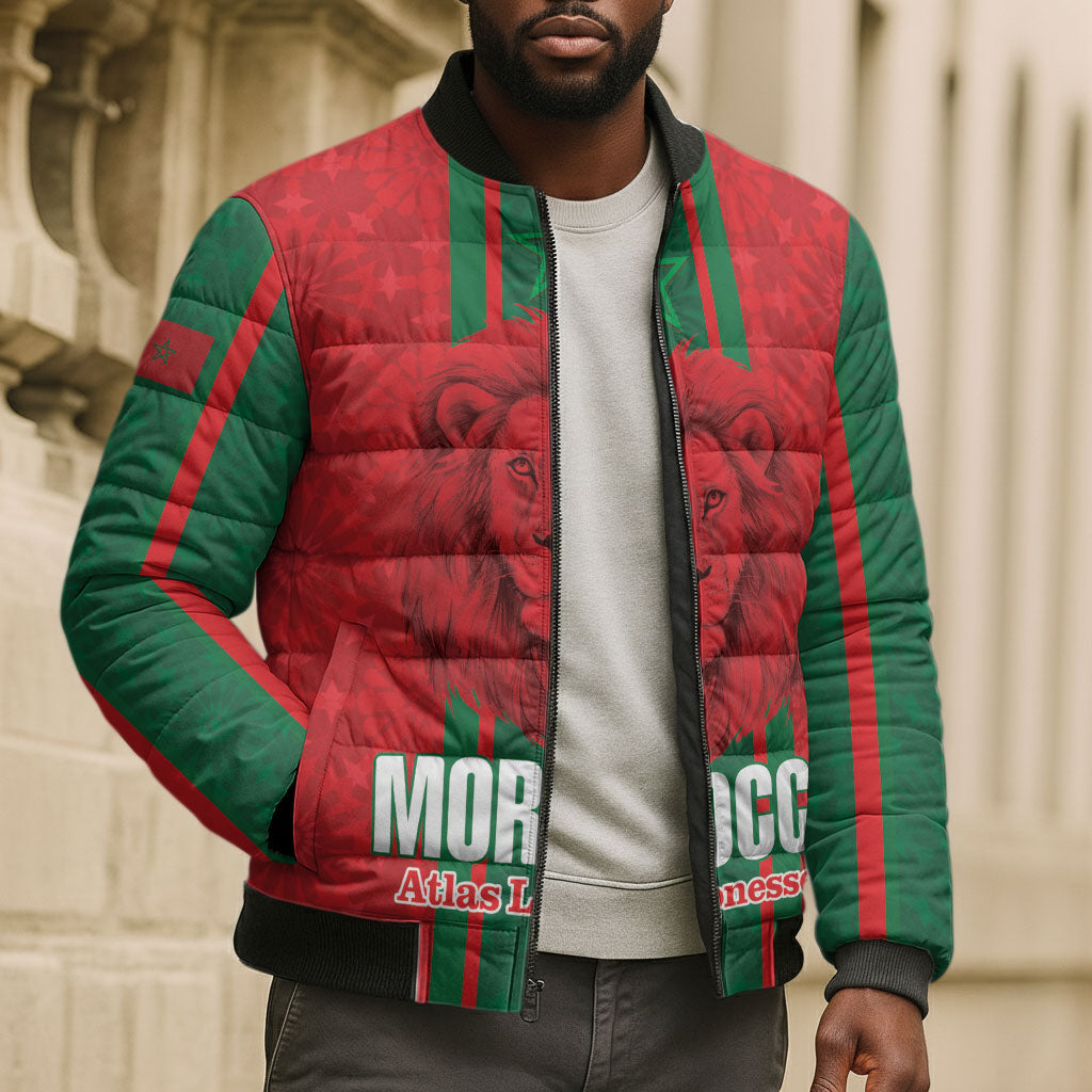 Morocco Football Custom Bomber Puffer Jacket Atlas Lionesses Moroccan Folk Pattern