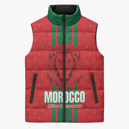 Morocco Football Custom Sleeveless Puffer Jacket Atlas Lionesses Moroccan Folk Pattern
