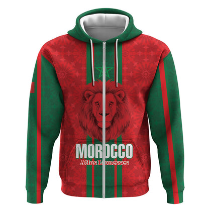 Morocco Football Custom Zip Hoodie Atlas Lionesses Moroccan Folk Pattern