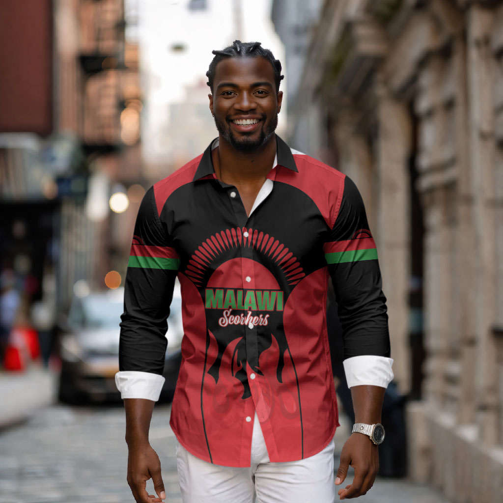 Malawi Football Custom Long Sleeve Button Shirt Red Rising Sun Go Scorchers