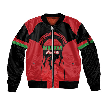 Malawi Football Custom Sleeve Zip Bomber Jacket Red Rising Sun Go Scorchers