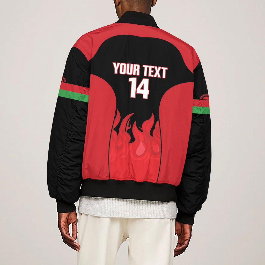Malawi Football Custom Sleeve Zip Bomber Jacket Red Rising Sun Go Scorchers