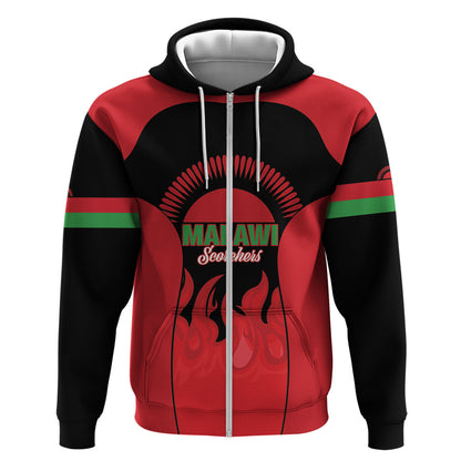 Malawi Football Custom Zip Hoodie Red Rising Sun Go Scorchers