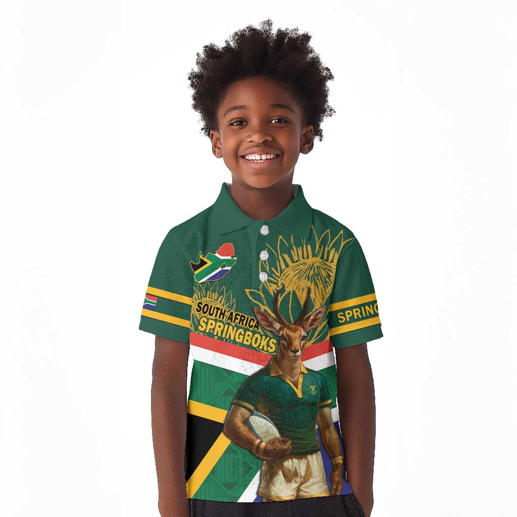 Custom South Africa Rugby Kid Polo Shirt 2024 Go Springboks Mascot African Pattern