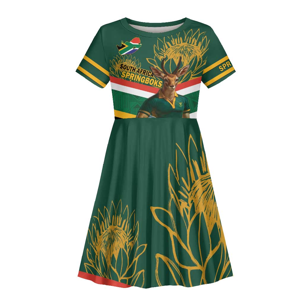 Custom South Africa Rugby Kid Short Sleeve Dress 2024 Go Springboks Mascot African Pattern