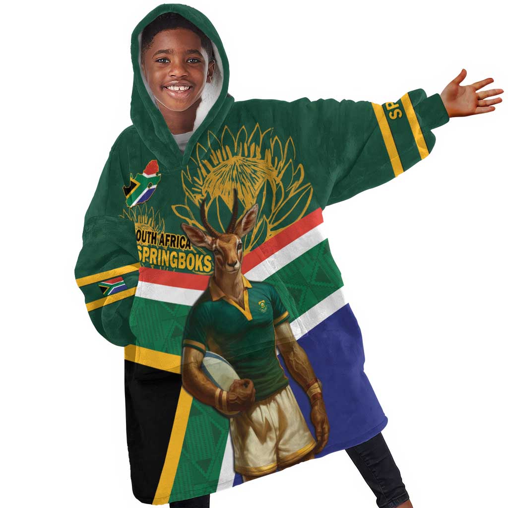 Custom South Africa Rugby KId Wearable Blanket Hoodie 2024 Go Springboks Mascot African Pattern