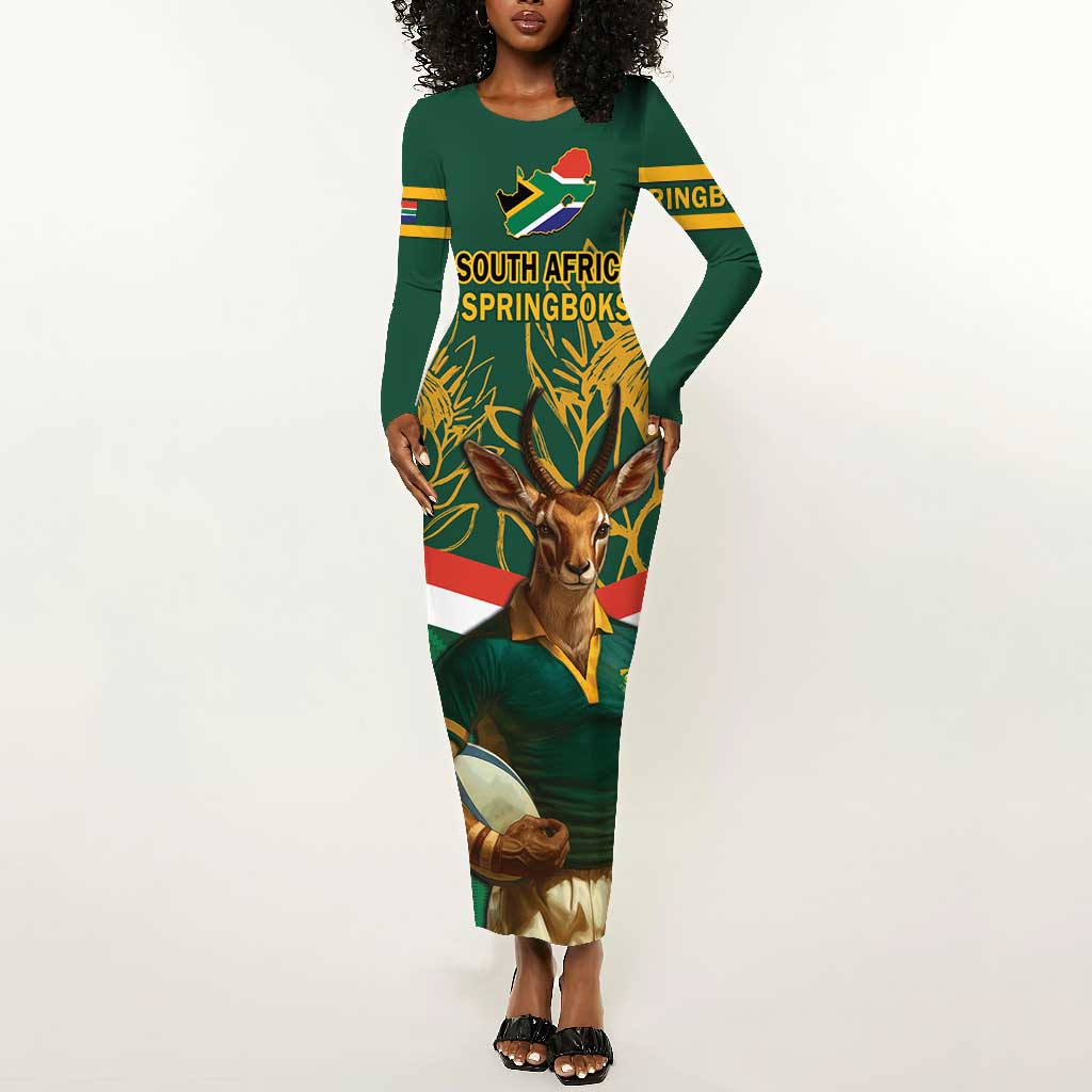 Custom South Africa Rugby Long Sleeve Bodycon Dress 2024 Go Springboks Mascot African Pattern