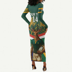 Custom South Africa Rugby Long Sleeve Bodycon Dress 2024 Go Springboks Mascot African Pattern