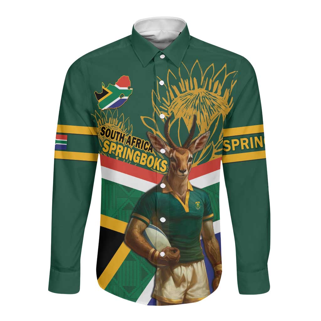 Custom South Africa Rugby Long Sleeve Button Shirt 2024 Go Springboks Mascot African Pattern